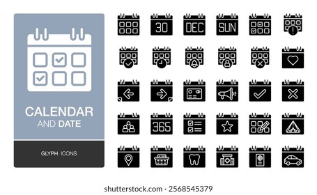 Calendar glyph icon. Calendar settings, daily checklist management, containing date, timetable, weekly schedule. For presentation, graphic design, mobile application, web design or infographics.