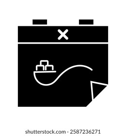 Calendar glyph icon with a spoon filled with sugar. Symbolizes a scheduled sugar cutting program.