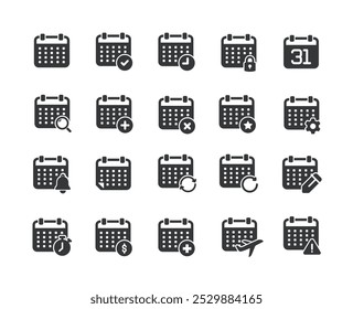 Calendar glyph solid icons collection. Containing schedule, agenda, reminder, planner. Minimal icon and symbol series vector illustration