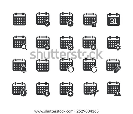 Calendar glyph solid icons collection. Containing schedule, agenda, reminder, planner. Minimal icon and symbol series vector illustration