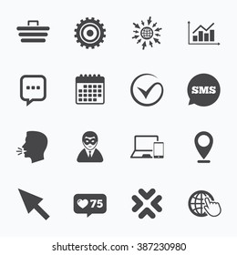 Calendar, go to web and like counter. Internet, seo icons. Tick, online shopping and chart signs. Anonymous user, mobile devices and chat symbols. Sms speech bubble, talk symbols.