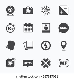 Calendar, go to web and like counter. Photo, video icons. Web camera, photos and frame signs. No flash, timer and portrait symbols. Sms speech bubble, talk symbols.