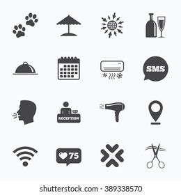 Calendar, go to web and like counter. Hotel, apartment services icons. Wifi internet sign. Pets allowed, alcohol and air conditioning symbols. Sms speech bubble, talk symbols.