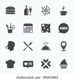 Calendar, go to web and like counter. Food, drink icons. Coffee and hamburger signs. Cocktail, cheese and cupcake symbols. Sms speech bubble, talk symbols.
