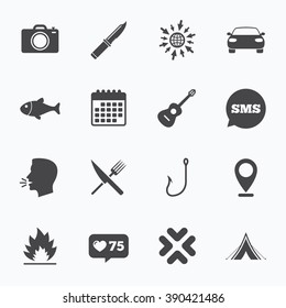 Calendar, go to web and like counter. Camping travel icons. Fishing, campfire and tourist tent signs. Guitar music, fork and knife symbols. Sms speech bubble, talk symbols.