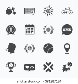 Calendar, go to web and like counter. Sport games, fitness icons. Football, basketball and tennis signs. Golf, bike and winner medal symbols. Sms speech bubble, talk symbols.