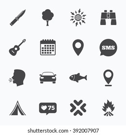 Calendar, go to web and like counter. Camping, tourism icons. Fishing, campfire and tent signs. Guitar music, knife and binoculars instruments. Sms speech bubble, talk symbols.