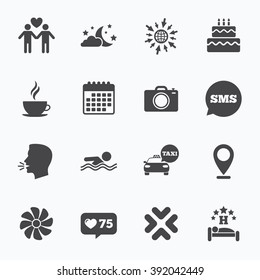 Calendar, go to web and like counter. Hotel, apartment service icons. Swimming pool. Ventilation, birthday party and gay-friendly symbols. Sms speech bubble, talk symbols.