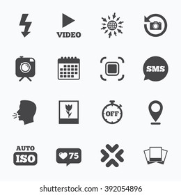 Calendar, go to web and like counter. Photo, video icons. Camera, photos and frame signs. Flash, timer and macro symbols. Sms speech bubble, talk symbols.