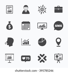 Calendar, go to web and like counter. Statistics, accounting icons. Charts, presentation and pie chart signs. Analysis, report and business case symbols. Sms speech bubble, talk symbols.