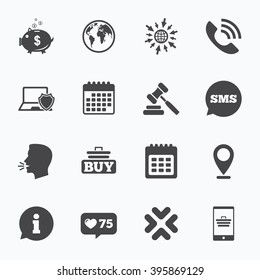 Calendar, go to web and like counter. Online shopping, e-commerce and business icons. Auction, phone call and information signs. Piggy bank, calendar and smartphone symbols. Sms, talk symbols.