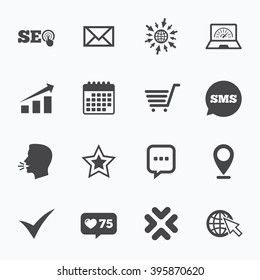 Calendar, go to web and like counter. Internet, seo icons. Tick, online shopping and chart signs. Bandwidth, mobile device and chat symbols. Sms speech bubble, talk symbols.