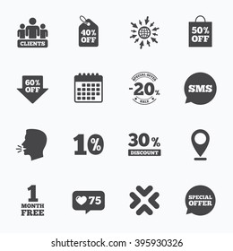 Calendar, go to web and like counter. Sale discounts icon. Shopping, clients and speech bubble signs. 20, 30, 40 and 50 percent off. Special offer symbols. Sms speech bubble, talk symbols.
