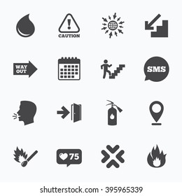 Calendar, go to web and like counter. Fire safety, emergency icons. Fire extinguisher, exit and attention signs. Caution, water drop and way out symbols. Sms speech bubble, talk symbols.