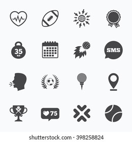 Calendar, go to web and like counter. Sport games, fitness icons. Football, golf and baseball signs. Heartbeat, rugby and laurel wreath symbols. Sms speech bubble, talk symbols.