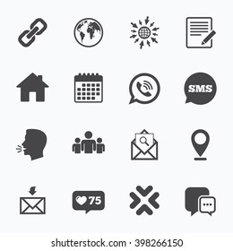 Calendar, go to web and like counter. Communication icons. Contact, mail signs. E-mail, call phone and group symbols. Sms speech bubble, talk symbols.