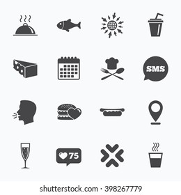 Calendar, go to web and like counter. Food, drink icons. Alcohol, fish and burger signs. Hot dog, cheese and restaurant symbols. Sms speech bubble, talk symbols.