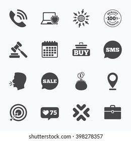 Calendar, go to web and like counter. Online shopping, e-commerce and business icons. Auction, phone call and sale signs. Cash money, case and target symbols. Sms speech bubble, talk symbols.