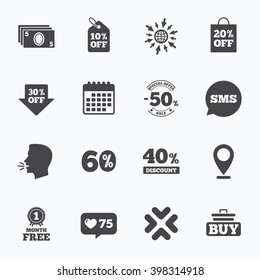 Calendar, go to web and like counter. Sale discounts icon. Shopping cart, buying and cash money signs. 40, 50 and 60 percent off. Special offer symbols. Sms speech bubble, talk symbols.