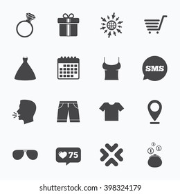 Calendar, go to web and like counter. Clothes, accessories icons. T-shirt, sunglasses signs. Wedding dress and ring symbols. Sms speech bubble, talk symbols.