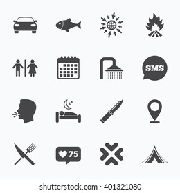 Calendar, go to web and like counter. Hiking travel icons. Camping, shower and wc toilet signs. Tourist tent, fork and knife symbols. Sms speech bubble, talk symbols.