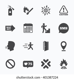 Calendar, go to web and like counter. Fire safety, emergency icons. Fire extinguisher, exit and attention signs. Caution, water drop and way out symbols. Sms speech bubble, talk symbols.