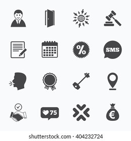 Calendar, go to web and like counter. Real estate, auction icons. Home key, discount and door signs. Business agent, award medal symbols. Sms speech bubble, talk symbols.