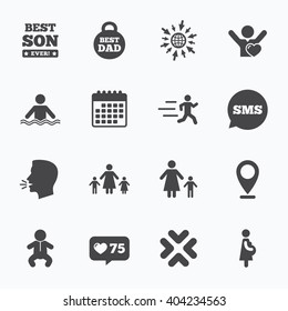Calendar, go to web and like counter. People, family icons. Swimming, baby and pregnant woman signs. Best dad, runner and fan symbols. Sms speech bubble, talk symbols.