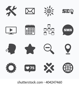 Calendar, go to web and like counter. Internet, seo icons. Repair, database and star signs. Mail, settings and monitoring symbols. Sms speech bubble, talk symbols.