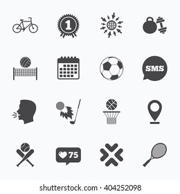 Calendar, go to web and like counter. Sport games, fitness icons. Football, basketball and tennis signs. Golf, bike and winner medal symbols. Sms speech bubble, talk symbols.