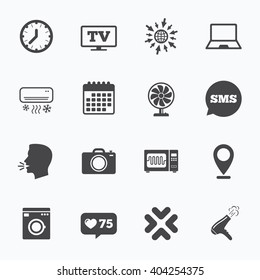 Calendar, go to web and like counter. Home appliances, device icons. Electronics signs. Air conditioning, washing machine and microwave oven symbols. Sms speech bubble, talk symbols.