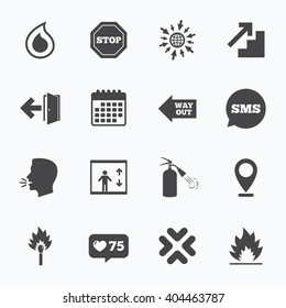 Calendar, go to web and like counter. Fire safety, emergency icons. Fire extinguisher, exit and stop signs. Elevator, water drop and match symbols. Sms speech bubble, talk symbols.