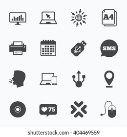 Calendar, go to web and like counter. Computer devices icons. Printer, laptop signs. Smartphone, monitor and usb symbols. Sms speech bubble, talk symbols.