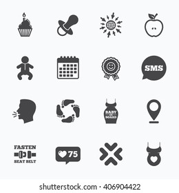 Calendar, go to web and like counter. Pregnancy, maternity and baby care icons. Apple, award and pacifier signs. Footprint, birthday cake and newborn symbols. Sms speech bubble, talk symbols.
