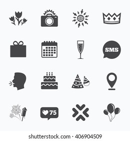 Calendar, go to web and like counter. Party celebration, birthday icons. Fireworks, air balloon and champagne glass signs. Gift box, flowers and photo camera symbols. Sms speech bubble, talk symbols.