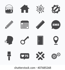 Calendar, go to web and like counter. Repair, construction icons. Service, key and door signs. Painting, brush and pencil symbols. Sms speech bubble, talk symbols.