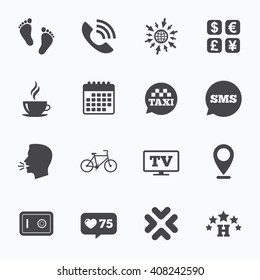Calendar, go to web and like counter. Hotel, apartment services icons. Coffee sign. Phone call, kid-friendly and safe strongbox symbols. Sms speech bubble, talk symbols.