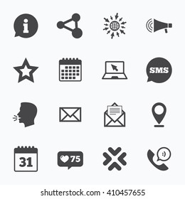 Calendar, go to web and like counter. Communication icons. Contact, mail signs. E-mail, information speech bubble and calendar symbols. Sms speech bubble, talk symbols.