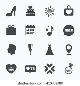 Calendar, go to web and like counter. Wedding, engagement icons. Cake with heart, gift box and brilliant signs. Dress, shoes and musical notes symbols. Sms speech bubble, talk symbols.