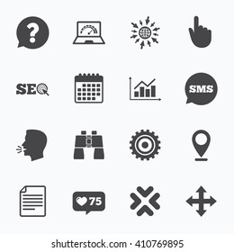Calendar, go to web and like counter. Internet, seo icons. Analysis chart, page and computer signs. Question speech bubble symbol. Sms speech bubble, talk symbols.