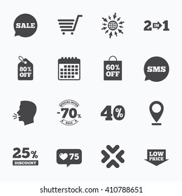 Calendar, go to web and like counter. Sale discounts icon. Shopping cart, coupon and low price signs. 25, 40 and 60 percent off. Special offer symbols. Sms speech bubble, talk symbols.