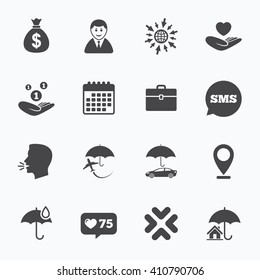 Calendar, go to web and like counter. Insurance icons. Life, Real estate and House signs. Saving money, vehicle and umbrella symbols. Sms speech bubble, talk symbols.