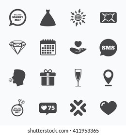 Calendar, go to web and like counter. Wedding, engagement icons. Love oath letter, gift box and brilliant signs. Dress, heart and champagne glass symbols. Sms speech bubble, talk symbols.