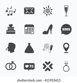 Calendar, go to web and like counter. Wedding, engagement icons. Cake with heart, gift box and vow love letter signs. Dress, fireworks and musical notes symbols. Sms speech bubble, talk symbols.