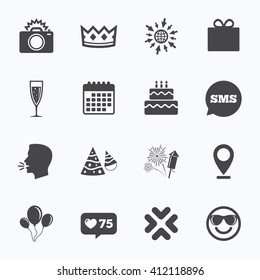 Calendar, go to web and like counter. Party celebration, birthday icons. Fireworks, air balloon and champagne glass signs. Gift box, cake and photo camera symbols. Sms speech bubble, talk symbols.