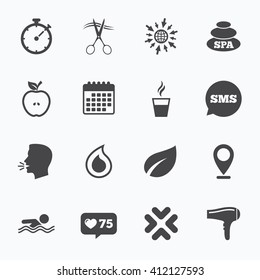 Calendar, go to web and like counter. Spa, hairdressing icons. Swimming pool sign. Water drop, scissors and hairdryer symbols. Sms speech bubble, talk symbols.