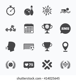 Calendar, go to web and like counter. Sport games, fitness icons. Football, tennis and volleyball signs. Swimming, timer and bowling symbols. Sms speech bubble, talk symbols.