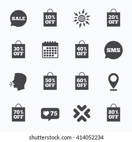 Calendar, go to web and like counter. Sale discounts icons. Special offer signs. Shopping bag, price tag symbols. Sms speech bubble, talk symbols.