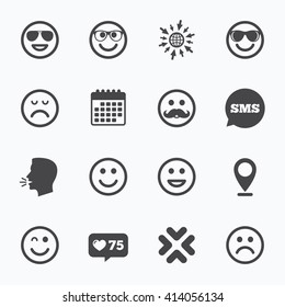 Calendar, go to web and like counter. Smile icons. Happy, sad and wink faces signs. Sunglasses, mustache and laughing lol smiley symbols. Sms speech bubble, talk symbols.