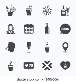 Calendar, go to web and like counter. Beer, coffee and tea icons. Beer, wine and cocktail signs. Soft and alcohol drinks symbols. Sms speech bubble, talk symbols.